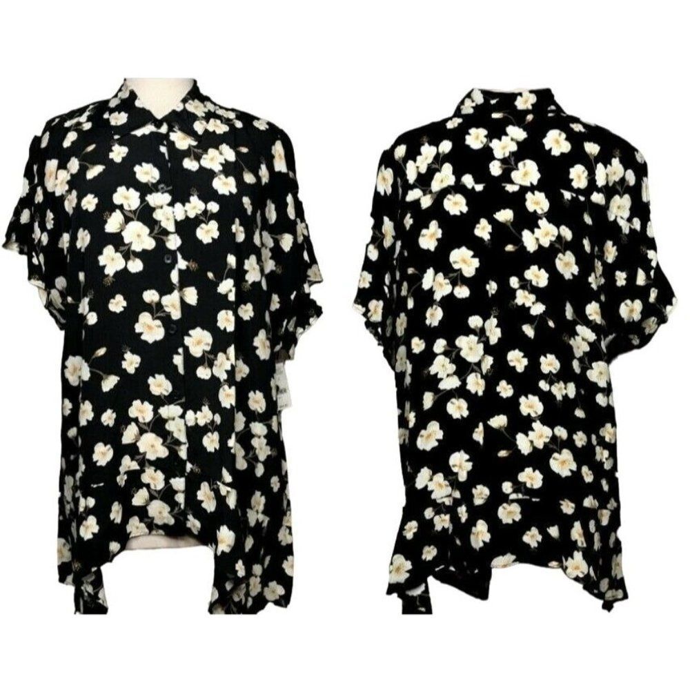 Lord & Taylor Woman Black Floral Sofia Asymmetrical Blouse Ruffle Detail 1x New